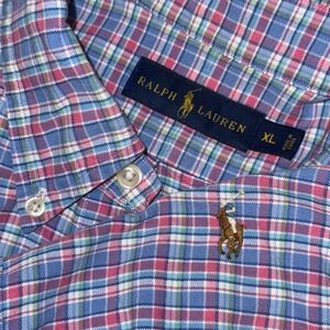 Polo Ralph Lauren Long Sleeve Button Down Oxford Shirt Men's XL Blue Pink Plaid